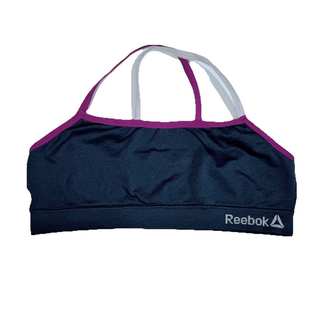 Reebok Girls Seamless Strappy Bralette Navy Blue Pink Trim Multi-Strap Size M
